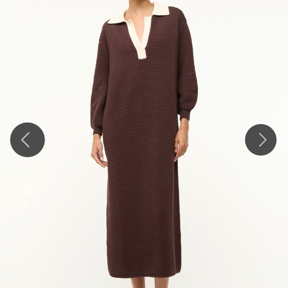 STAUD Brown Long Sleeve Dress with Cream Collar